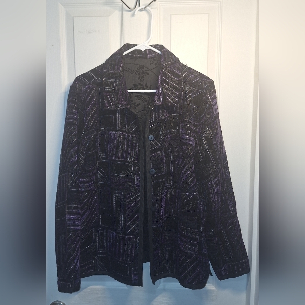 Boho Purple Black Reversible Button Up Jacket Large